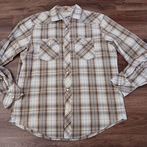 Banana Republic Mens Slim Fit Brown Plaid Western Pearl Snap Shirt Size L Cotton